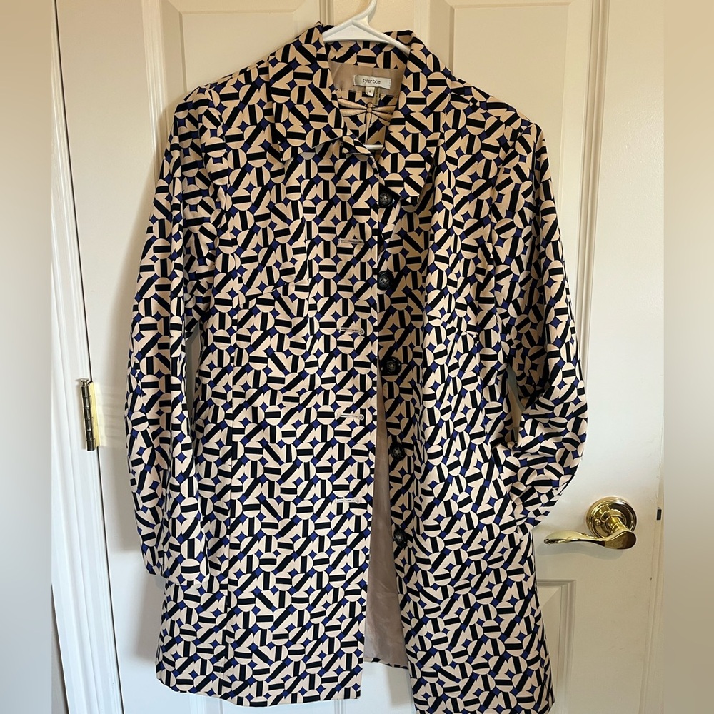 Tyler Boe Navy and Cream Geometric Trench Coat